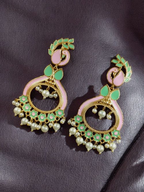Gold Plated Meenakari Peacock Earrings with Pearl Drops – Lightweight Ethnic Jewelry