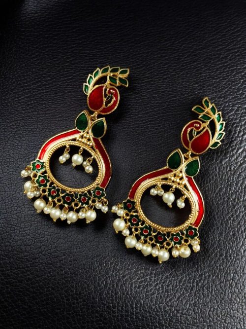 Gold Plated Meenakari Peacock Earrings with Pearl Drops – Lightweight Ethnic Jewelry