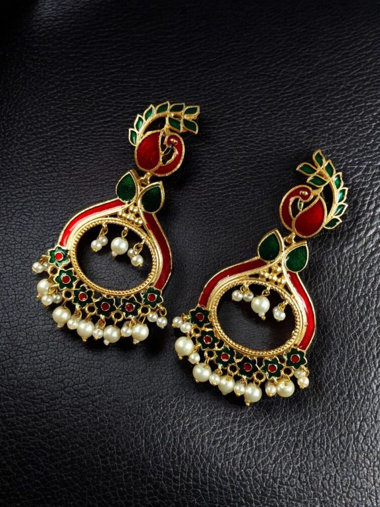 Bulk 1020 Unique Meenakari Peacock Earrings | Gold Finish Dangler with Pearl Work – Lightweight Jewelry - "Red-Green"