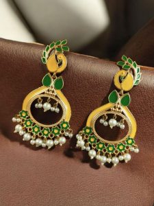 Unique Meenakari Peacock Earrings | Gold Finish Dangler with Pearl Work – Lightweight Jewelry - color: "Yellow-Green"