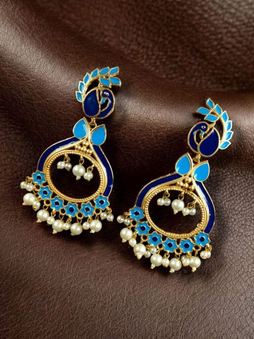 Gold Plated Meenakari Peacock Earrings with Pearl Drops – Lightweight Ethnic Jewelry