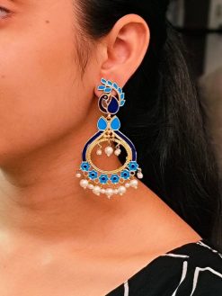 Gold Plated Meenakari Peacock Earrings with Pearl Drops – Lightweight Ethnic Jewelry
