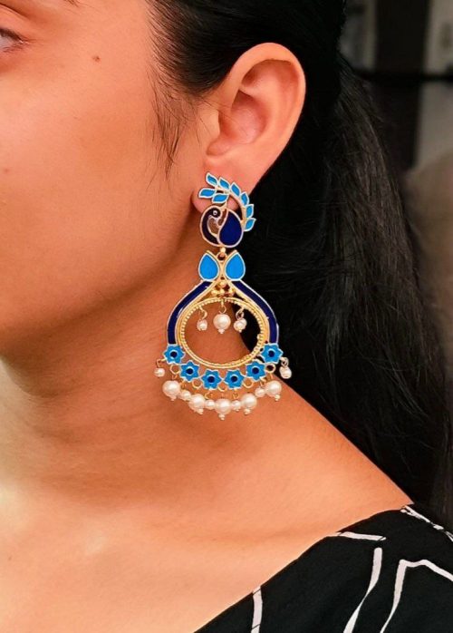 Gold Plated Meenakari Peacock Earrings with Pearl Drops – Lightweight Ethnic Jewelry