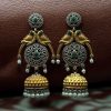 Two-tone parrot earrings with jhumka design, pearl and stone detailing