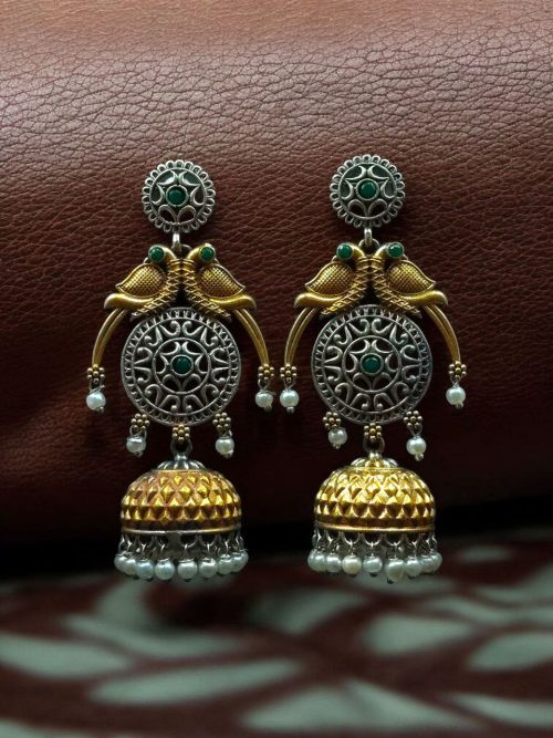 Two-tone parrot earrings with jhumka design, pearl and stone detailing