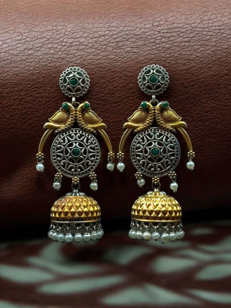 Bulk 1004 Traditional Two-Tone Parrot Earrings | Unique Dangler Jhumka Style with Stone & Pearl Detailing - "Green"