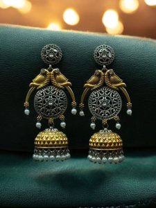Traditional Two-Tone Parrot Earrings | Unique Dangler Jhumka Style with Stone & Pearl Detailing - color: "White"