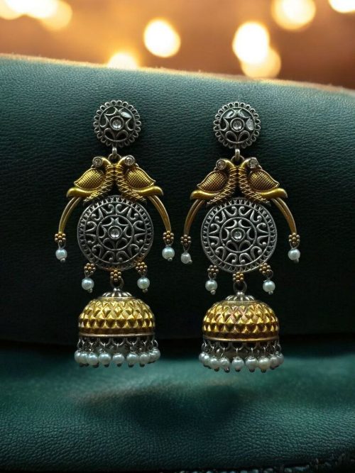 Two-tone parrot earrings with jhumka design, pearl and stone detailing