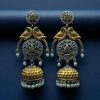 Two-tone parrot earrings with jhumka design, pearl and stone detailing