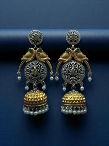 Traditional Two-Tone Parrot Earrings | Unique Dangler Jhumka Style with Stone & Pearl Detailing - color: "Green-Yellow"