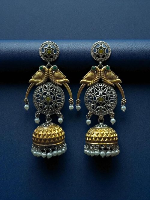 Two-tone parrot earrings with jhumka design, pearl and stone detailing