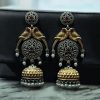 Two-tone parrot earrings with jhumka design, pearl and stone detailing