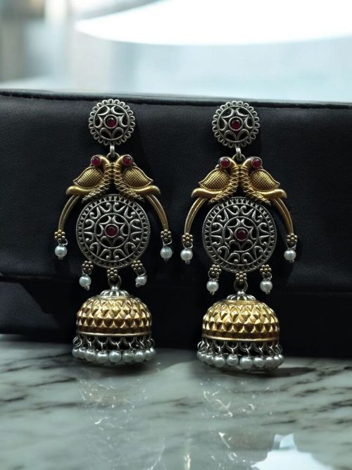 Two-tone parrot earrings with jhumka design, pearl and stone detailing