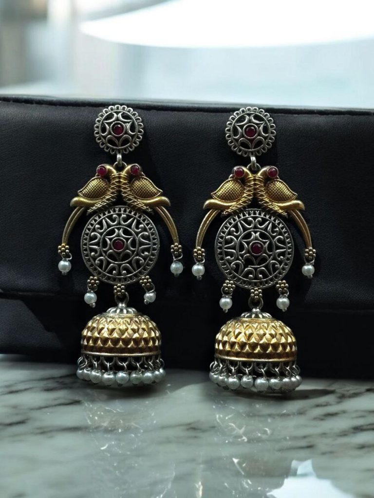 Bulk 1006 Traditional Two-Tone Parrot Earrings | Unique Dangler Jhumka Style with Stone & Pearl Detailing - "Red"