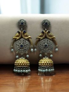 Traditional Two-Tone Parrot Earrings | Unique Dangler Jhumka Style with Stone & Pearl Detailing - color: "Blue"