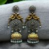 Two-tone parrot earrings with jhumka design, pearl and stone detailing