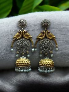 Traditional Two-Tone Parrot Earrings | Unique Dangler Jhumka Style with Stone & Pearl Detailing - color: "Baby Pink"