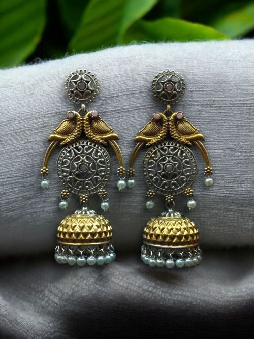 Two-tone parrot earrings with jhumka design, pearl and stone detailing