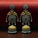 Traditional Two-Tone Parrot Earrings | Unique Dangler Jhumka Style with Stone & Pearl Detailing - "Black"