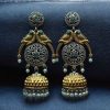 Two-tone parrot earrings with jhumka design, pearl and stone detailing