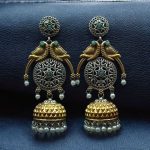 Traditional Two-Tone Parrot Earrings | Unique Dangler Jhumka Style with Stone & Pearl Detailing - "Mint"