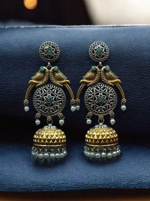 Two-tone parrot earrings with jhumka design, pearl and stone detailing
