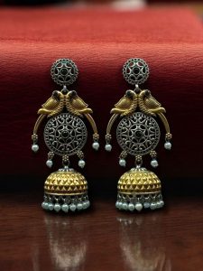 Traditional Two-Tone Parrot Earrings | Unique Dangler Jhumka Style with Stone & Pearl Detailing - color: "Black"