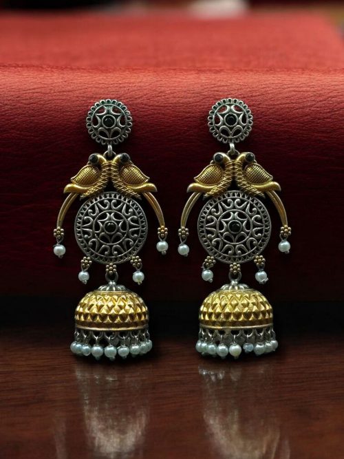 Two-tone parrot earrings with jhumka design, pearl and stone detailing