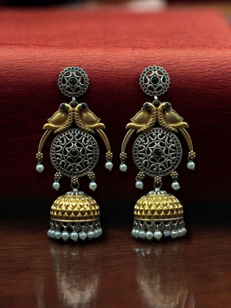 Bulk 1014 Traditional Two-Tone Parrot Earrings | Unique Dangler Jhumka Style with Stone & Pearl Detailing - "Black"