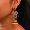 Two-tone parrot earrings with jhumka design, pearl and stone detailing