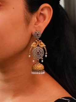 Two-tone parrot earrings with jhumka design, pearl and stone detailing