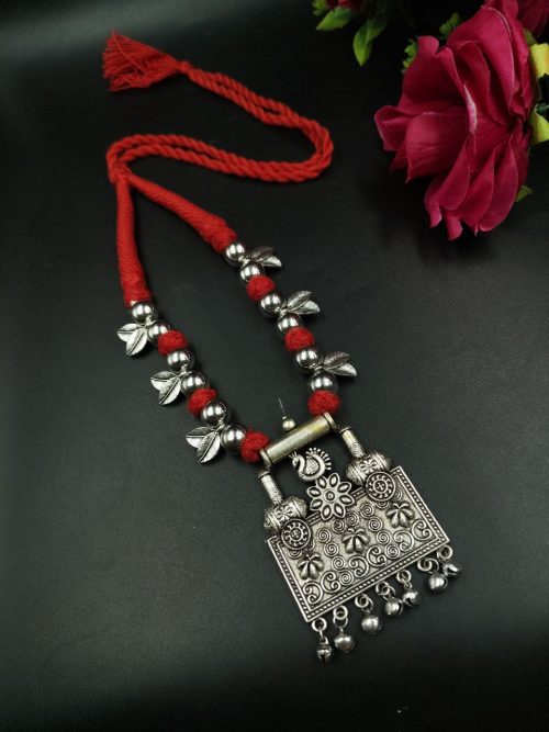 Traditional Peacock Thread Necklace | German Silver Pendant on Adjustable Thread