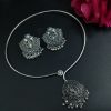 Oxidized Silver Plated Hasli Necklace Set | Pearl Work with Earrings