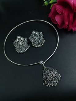 Oxidized Silver Plated Hasli Necklace Set | Pearl Work with Earrings