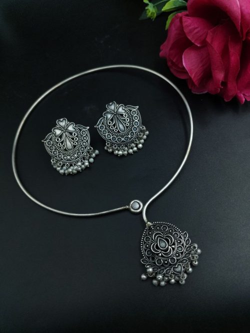 Oxidized Silver Plated Hasli Necklace Set | Pearl Work with Earrings