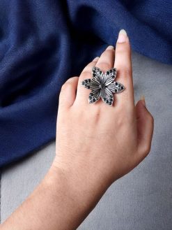Ethnic Silver Plated Flower Ring | Adjustable Stone Rings for Women & Girls