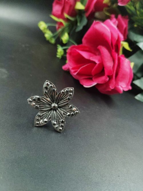 Ethnic Silver Plated Flower Ring | Adjustable Stone Rings for Women & Girls - Image 2