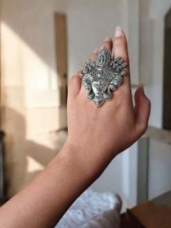 Oxidized Maa Durga Ring | Adjustable German Silver Ring - Spiritual Finger Rings