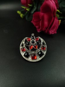 Silver Plated Half Moon Ring | Adjustable for Party Wear | Elegant Statement Jewelry for Girls - color: "Red-Black"