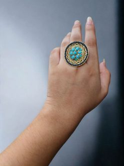 Round Shape Gold Plated Stone Ring | Adjustable Party Wear Statement Jewelry