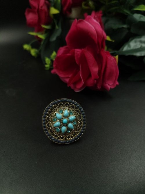 Round Shape Gold Plated Stone Ring | Adjustable Party Wear Statement Jewelry - Image 2
