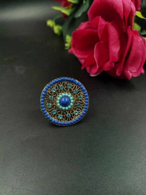 GGold Plated Floral Art Ring with Stone | Round Shape Adjustable | Elegant Ethnic Jewelry - Image 2