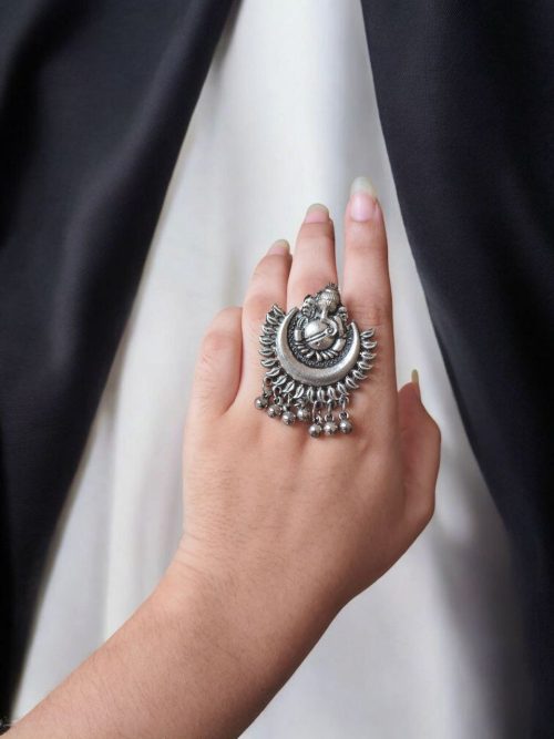 Oxidized Ganesha Silver Plated Ring | Festival Wear Adjustable German Silver Ring