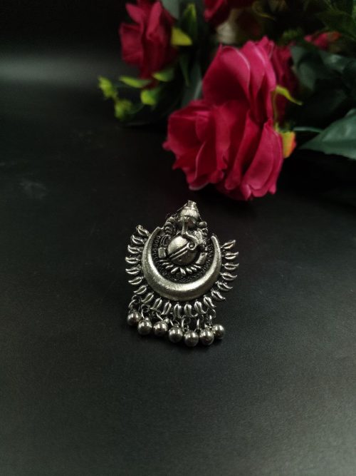 Oxidized Ganesha Silver Plated Ring | Festival Wear Adjustable German Silver Ring - Image 2