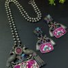 Hand-painted peacock necklace set with silver plating and stones