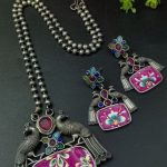 Traditional Best Hand Painted Peacock Necklace Set | Silver Plated Ethnic Jewelry with Stone Work - Red-Multi"