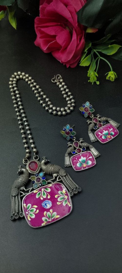 Hand-painted peacock necklace set with silver plating and stones
