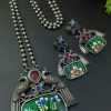 Hand-painted peacock necklace set with silver plating and stones