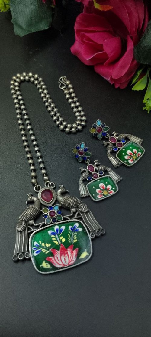 Hand-painted peacock necklace set with silver plating and stones