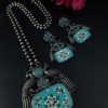 Hand-painted peacock necklace set with silver plating and stones